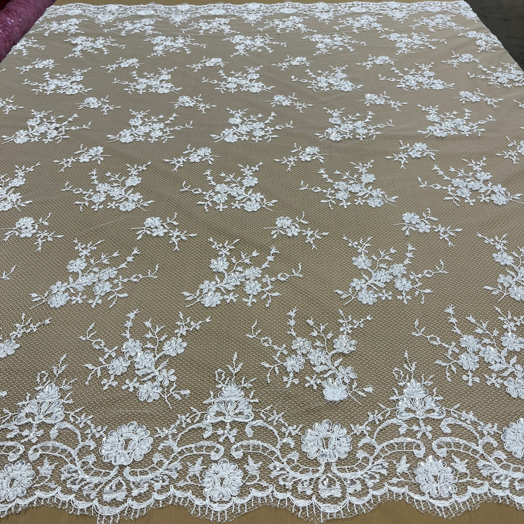 Beaded Lace Fabric Embroidered on 100% Polyester Net Mesh | Lace USA - 96731W-BP White