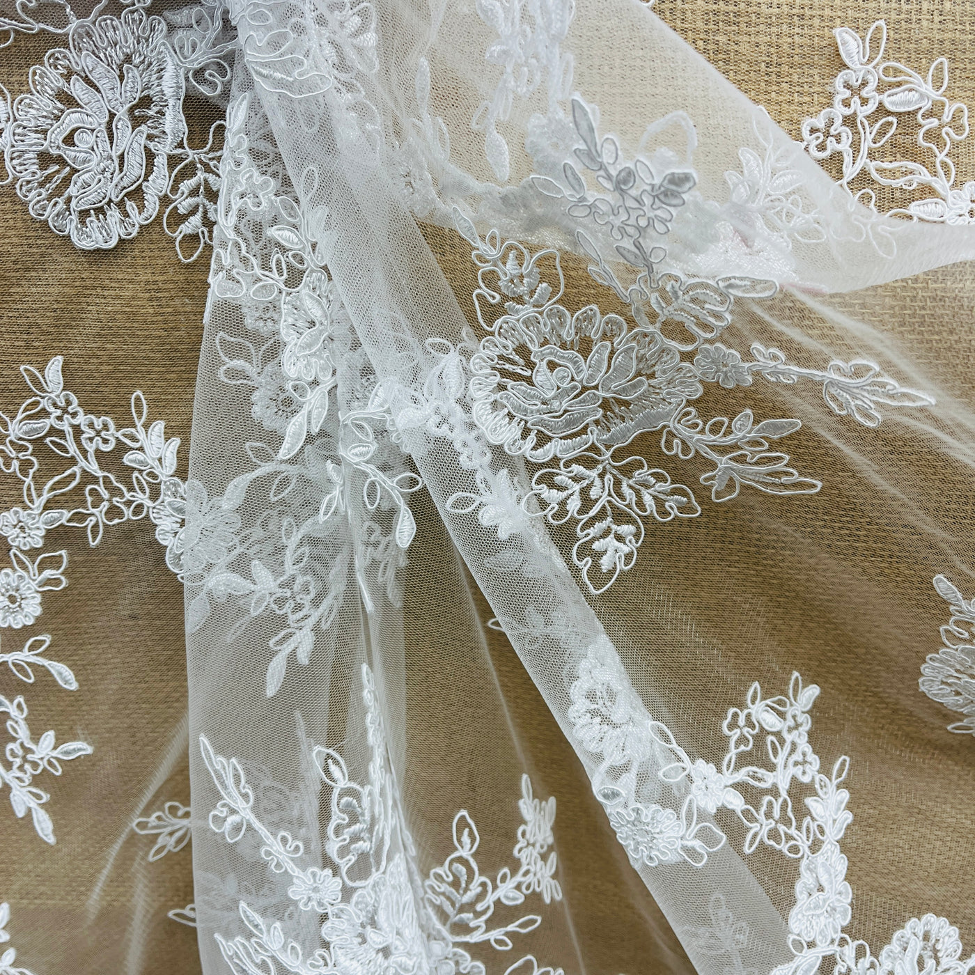 Corded Bridal Lace Fabric Embroidered on 100% Polyester Net Mesh | Lace USA -96788W