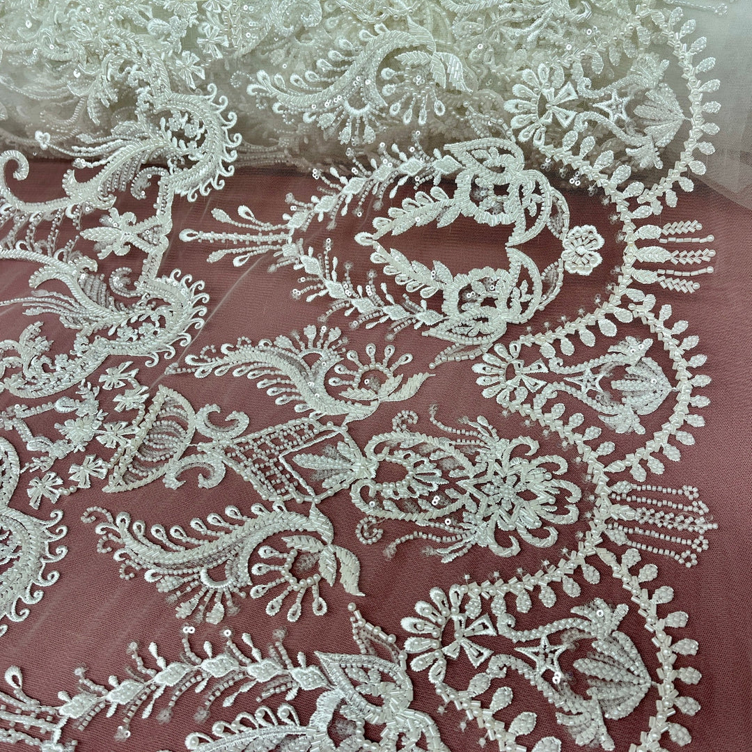 Beaded Lace Fabric Embroidered on 100% Polyester Net Mesh | Lace USA - GD-237189 Off White