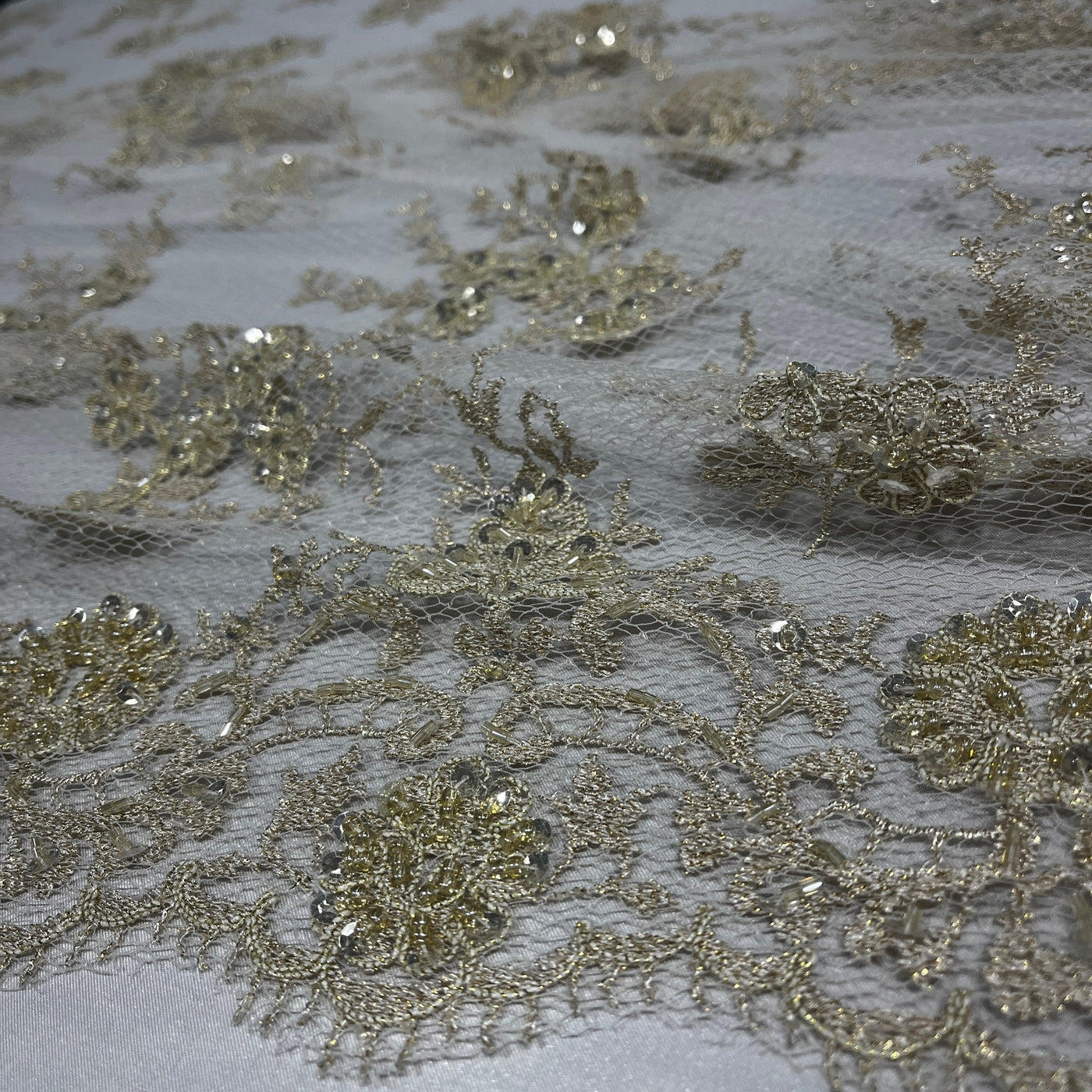 Beaded Lace Fabric Embroidered on 100% Polyester Net Mesh | Lace USA - 96731W-BP Gold