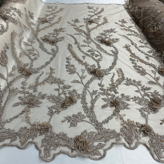 Beaded 3D Floral Lace Fabric Embroidered on 100% Polyester Net Mesh | Lace USA - GD-302