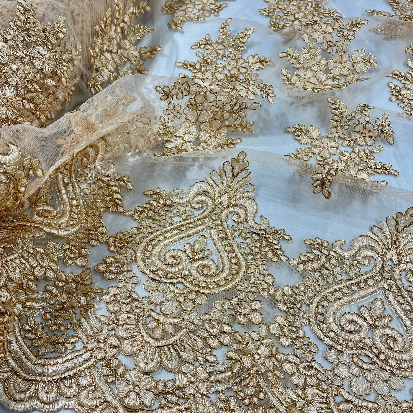 Corded Lace Fabric Embroidered on 100% Polyester Net Mesh | Lace USA - GD-021