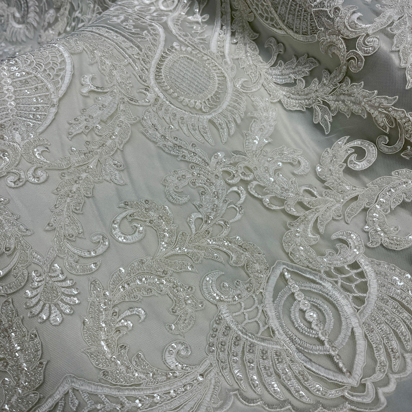 Beaded & Corded Bridal Lace Fabric Embroidered on 100% Polyester Net Mesh | Lace USA - GD-56127