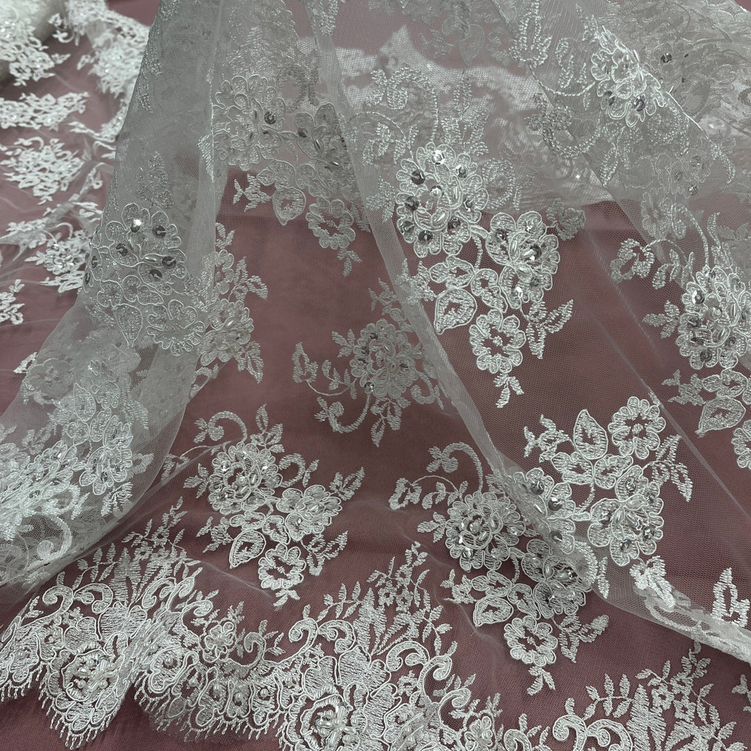 Beaded Lace Fabric Embroidered on 100% Polyester Net Mesh | Lace USA - 96682W-BP Ivory