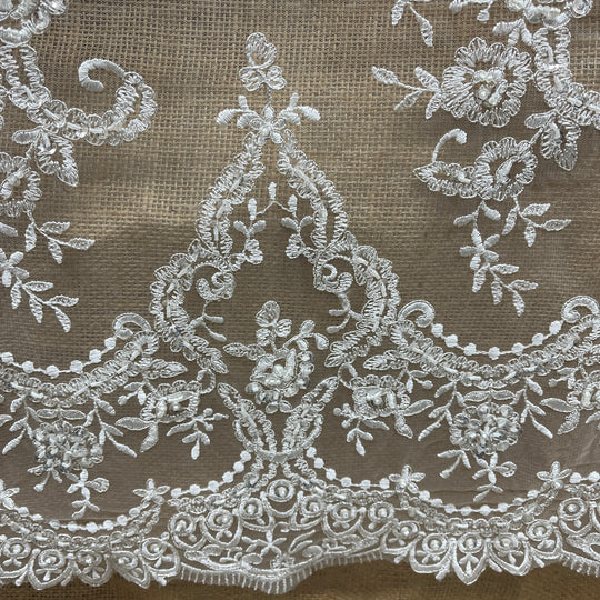 Beaded & Corded Bridal Lace Fabric Embroidered on 100% Polyester Net Mesh | Lace USA - 96806W-BPB