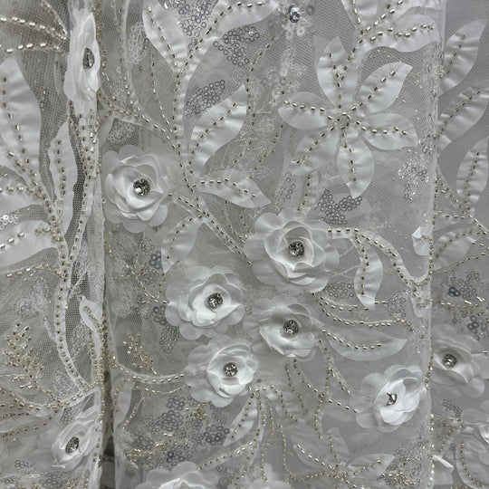 Beaded 3D Floral Lace Fabric Embroidered on 100% Polyester Net Mesh | Lace USA - GD-229