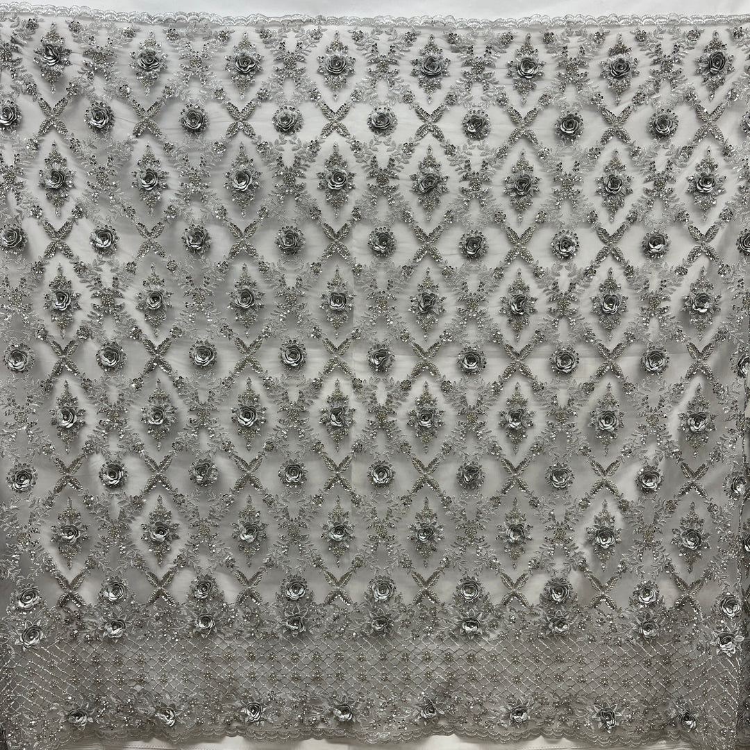 Beaded 3D Floral Lace Fabric Embroidered on 100% Polyester Net Mesh | Lace USA - GD-901