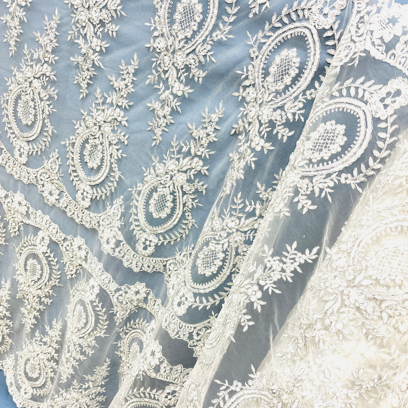 Beaded & Corded Lace Fabric Embroidered on 100% Polyester Net Mesh | Lace USA - 97055W-BPB