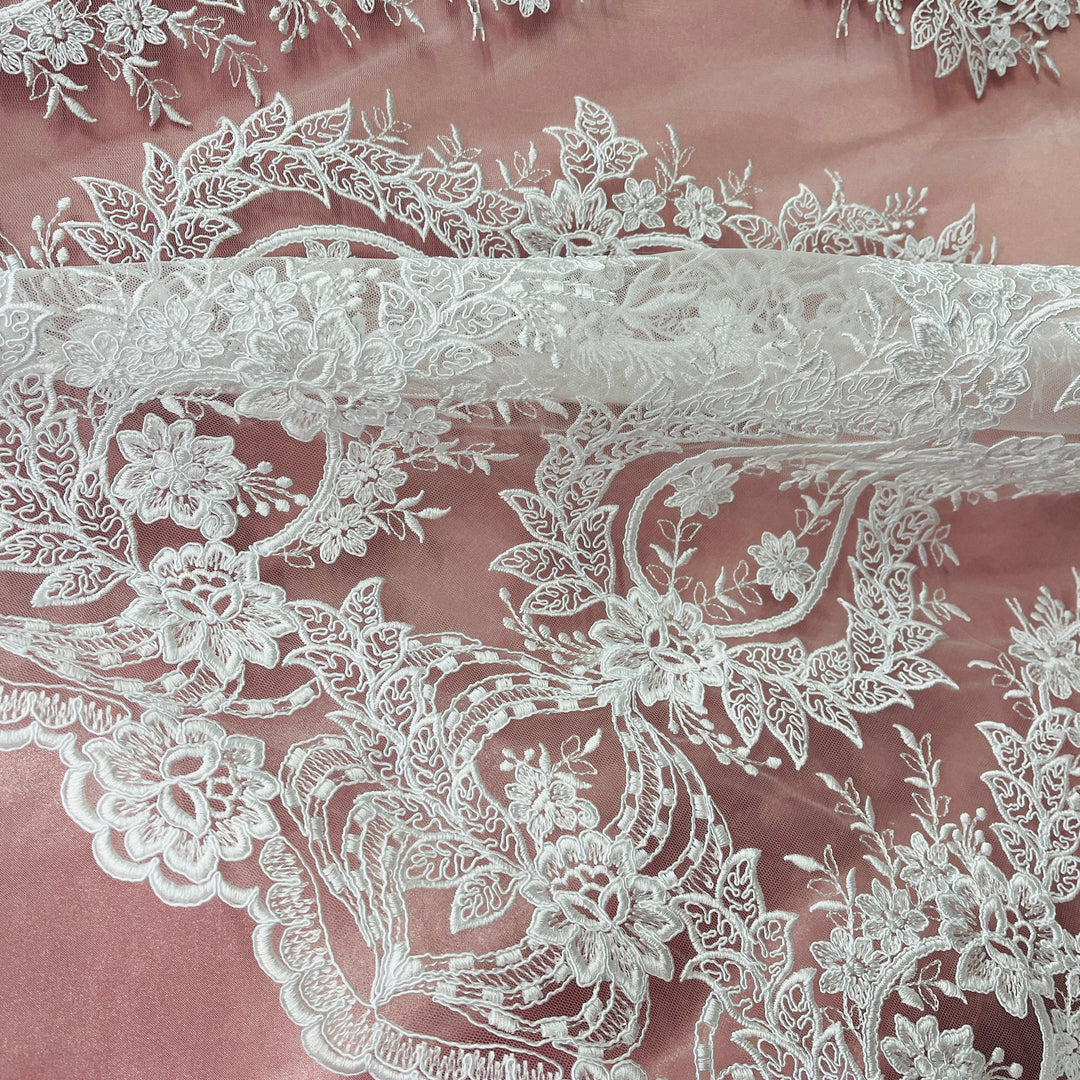 Corded Bridal Lace Fabric Embroidered on 100% Polyester Net Mesh | Lace USA - 97163W