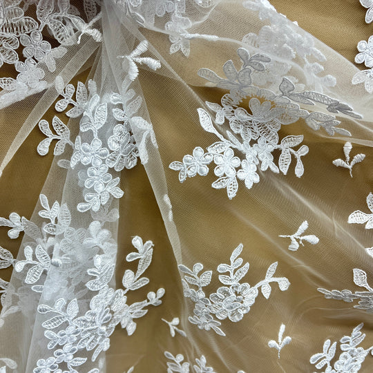 Corded Bridal Lace Fabric Embroidered on 100% Polyester Net Mesh | Lace USA - 91436W