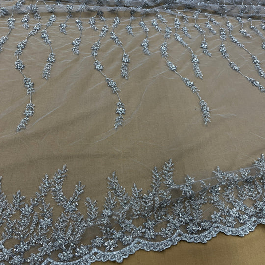 Beaded Lace Fabric Embroidered on 100% Polyester Net Mesh | Lace USA - GD-18613 Silver