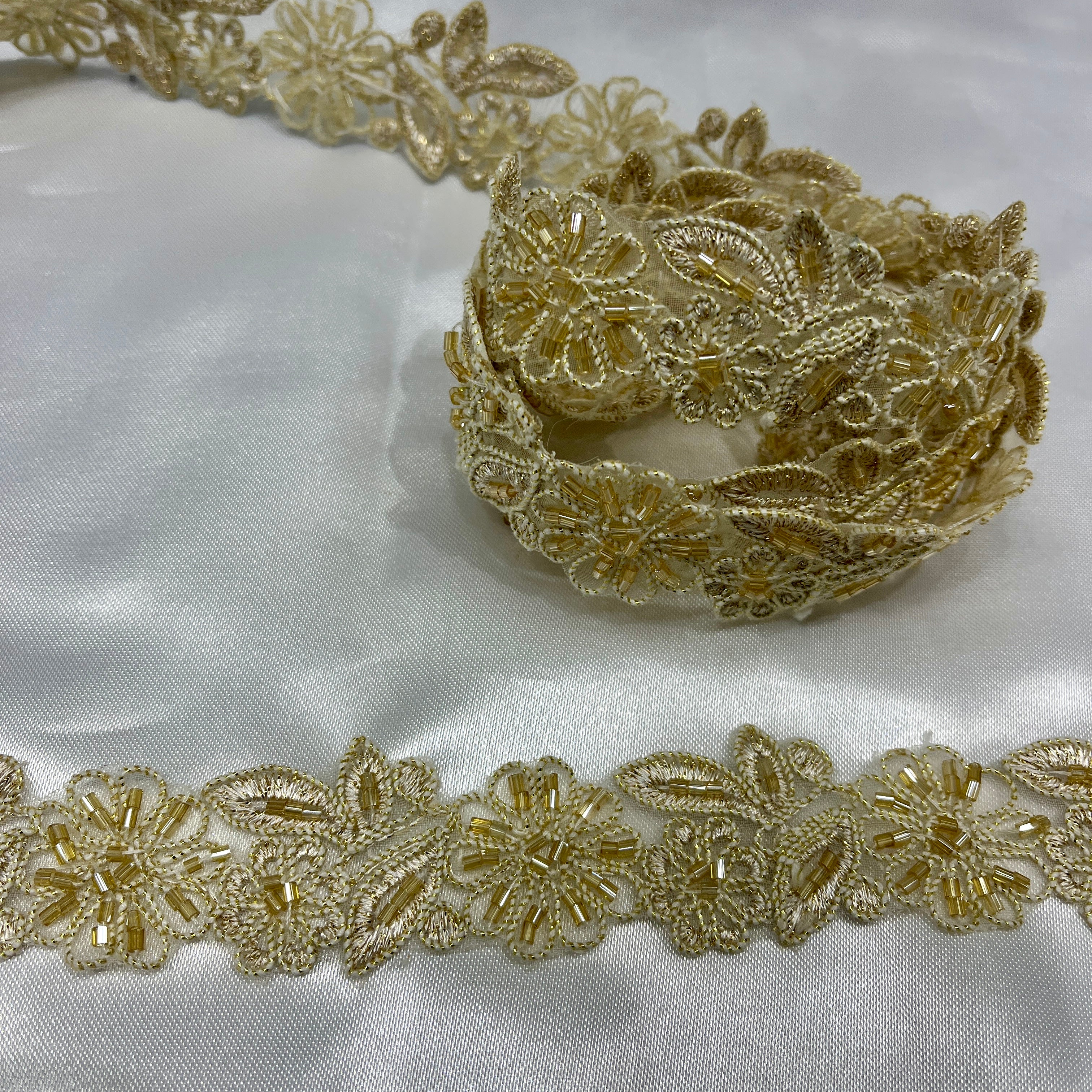 Beaded & Corded Lace Trimming Embroidered on 100% Polyester Organza | Lace USA - 95676N-BP