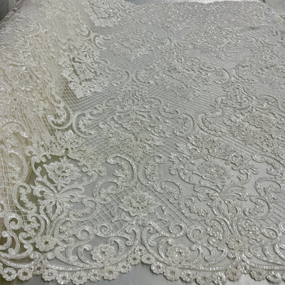 Beaded & Corded Bridal Lace Fabric Embroidered on 100% Polyester Net Mesh | Lace USA - GD-55425