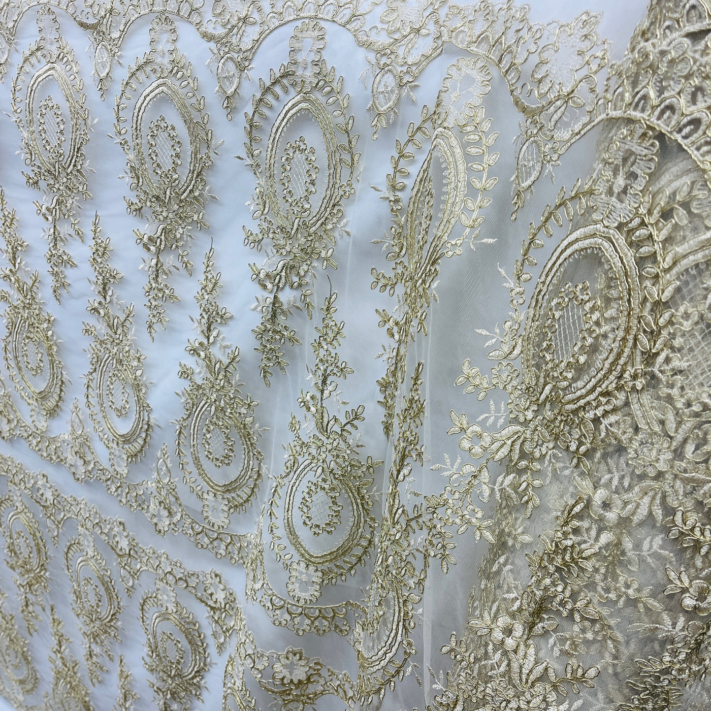 Corded Bridal Lace Fabric Embroidered on 100% Polyester Net Mesh | Lace USA - 97055W