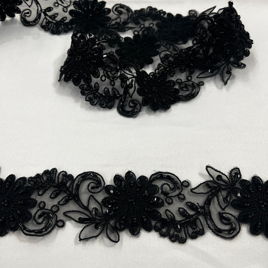 Beaded & Corded Lace Trimming Embroidered on 100% Polyester Organza  | Lace USA - 96275N-BP