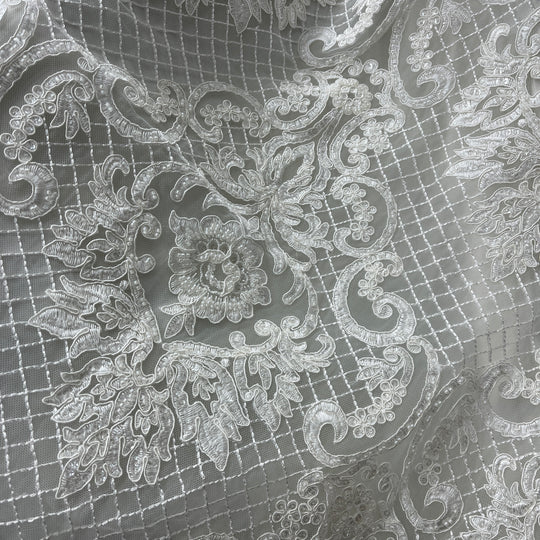 Beaded & Corded Bridal Lace Fabric Embroidered on 100% Polyester Net Mesh | Lace USA - GD-55425