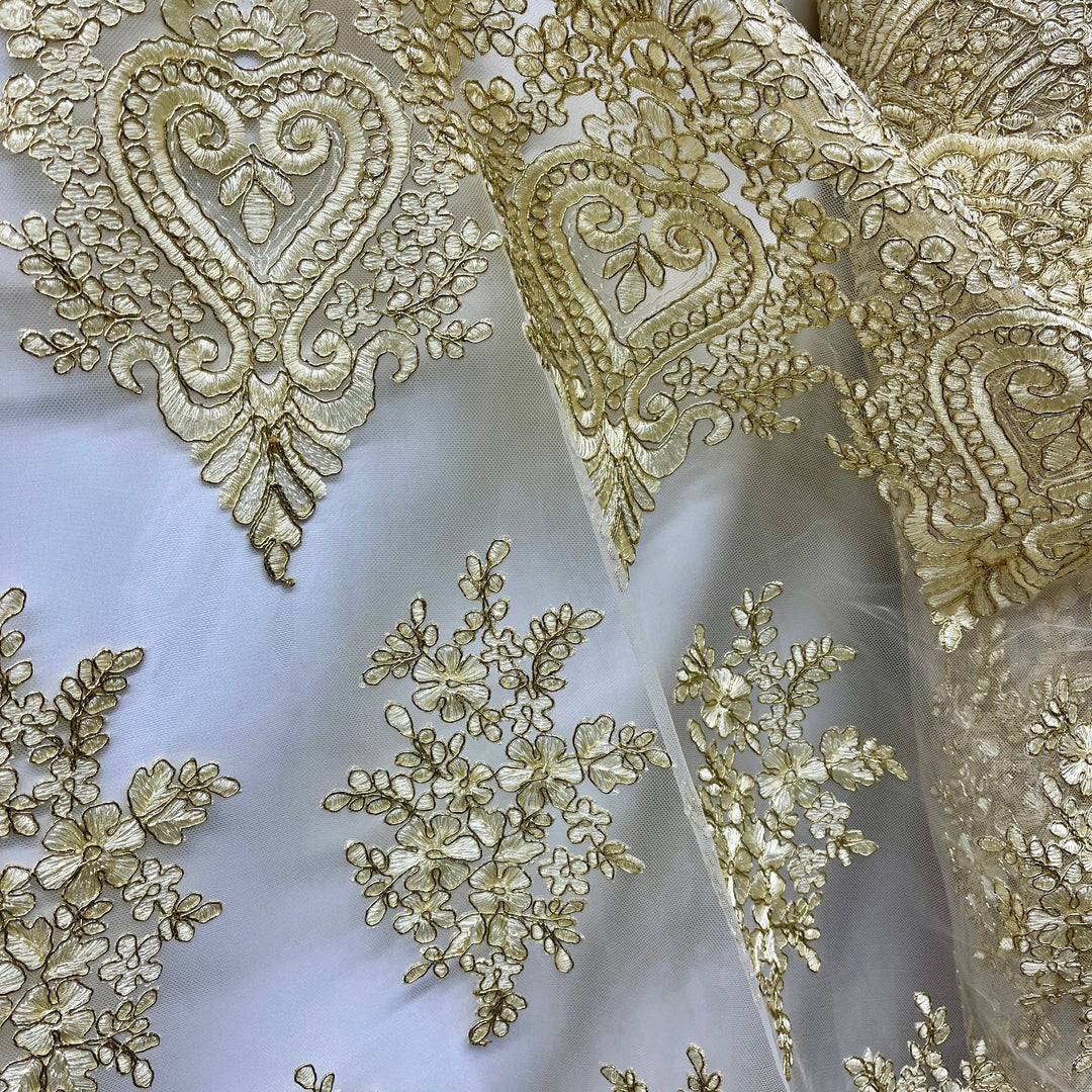 Corded Lace Fabric Embroidered on 100% Polyester Net Mesh | Lace USA - GD-021