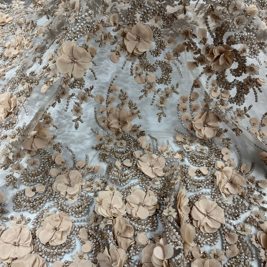 Beaded 3D Floral Lace Fabric Embroidered on 100% Polyester Net Mesh | Lace USA - GD-362