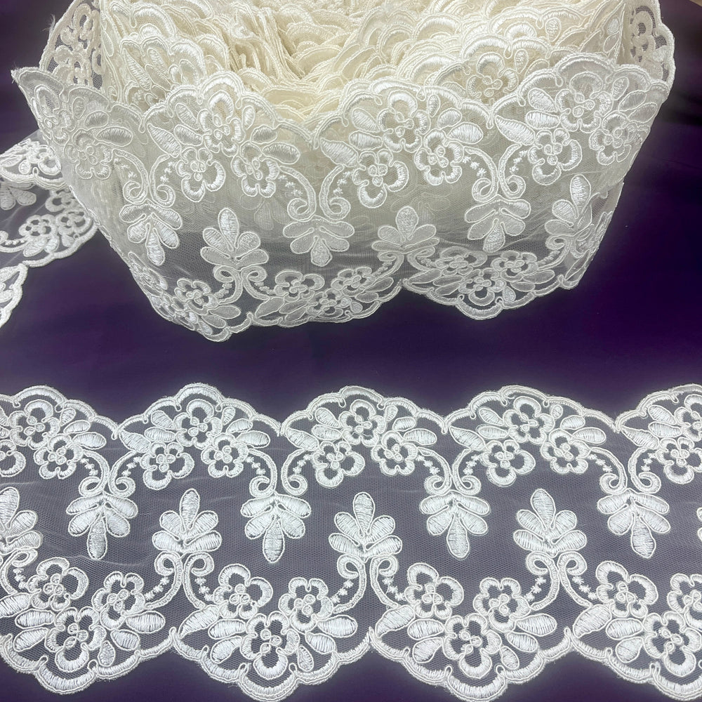 Corded Double Sided Lace Trimming Embroidered on 100% Polyester Net Mesh | Lace USA - 95967W/2