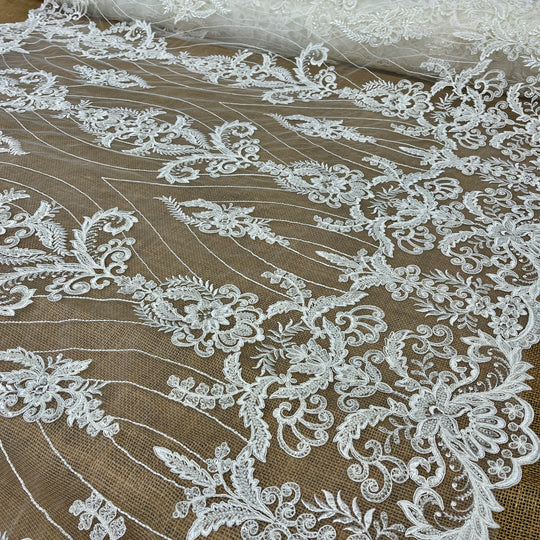 Beaded & Corded Bridal Lace Fabric Embroidered on 100% Polyester Net Mesh | Lace USA - GD-55519