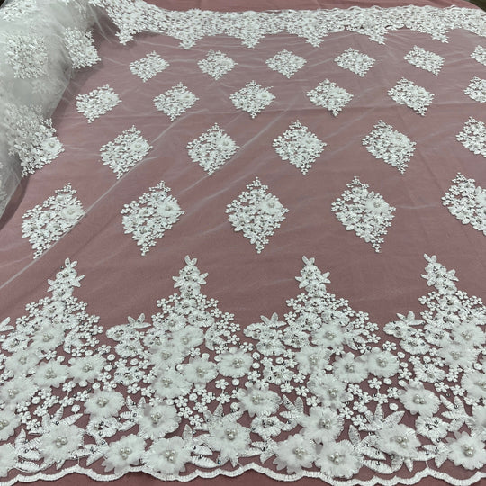 Beaded 3D Floral Lace Fabric Embroidered on 100% Polyester Net Mesh | Lace USA - GD-176