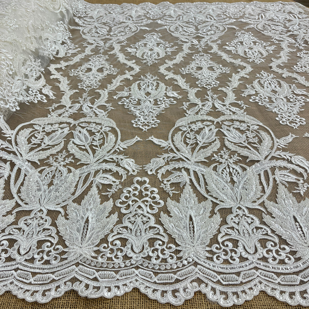 Beaded & Corded Bridal Lace Fabric Embroidered on 100% Polyester Net Mesh | Lace USA - GD-56425