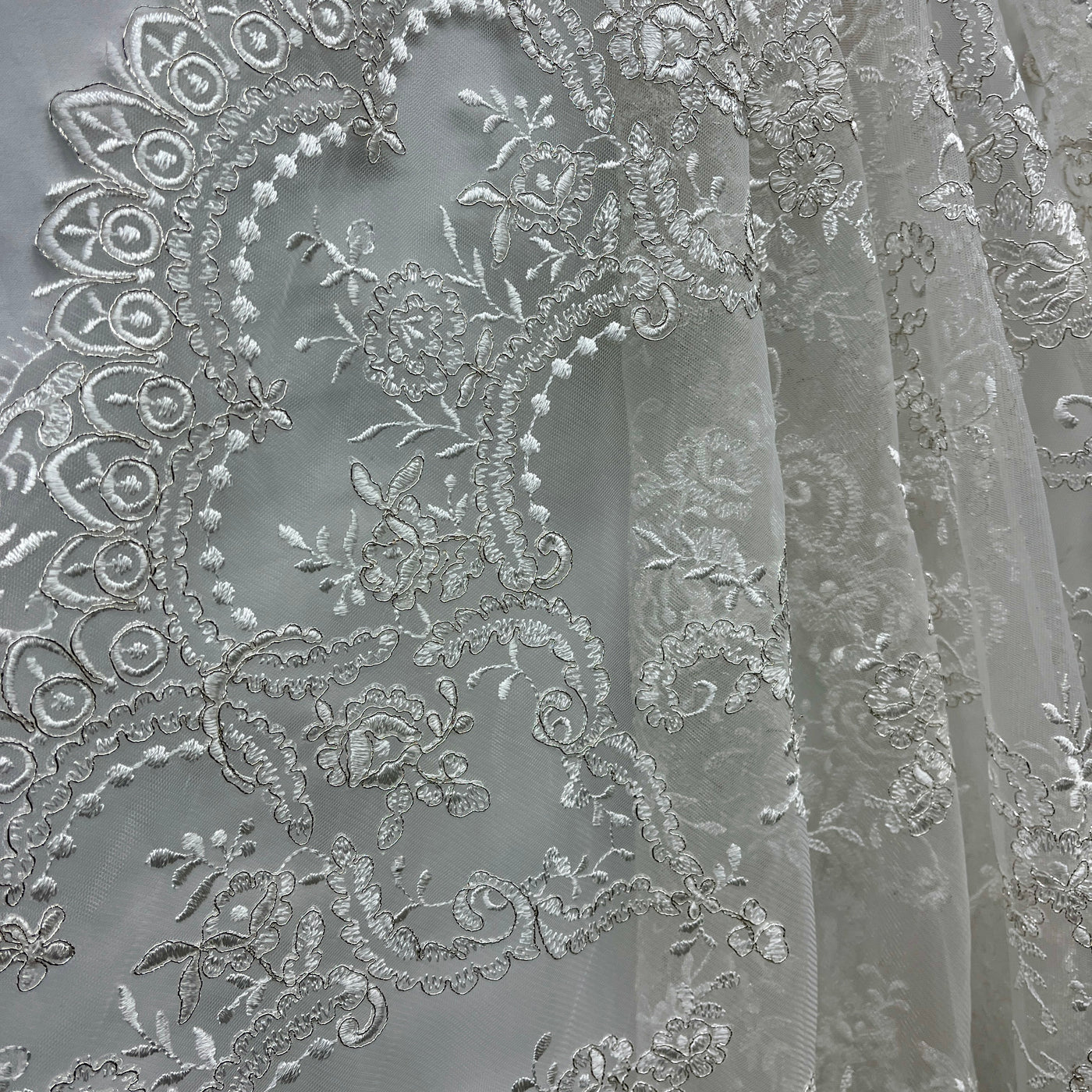 Corded Bridal Lace Fabric Embroidered on 100% Polyester Net Mesh | Lace USA -96806W