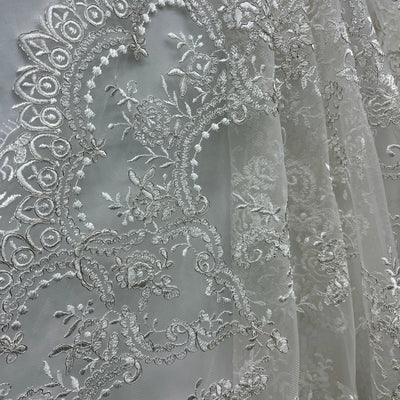 Corded Bridal Lace Fabric Embroidered on 100% Polyester Net Mesh | Lace USA -96806W