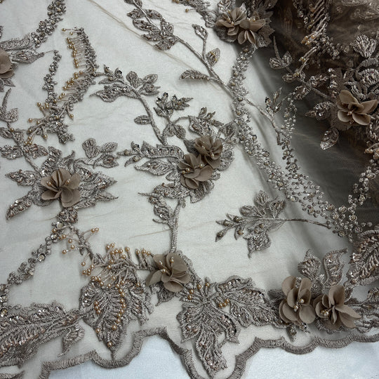 Beaded 3D Floral Lace Fabric Embroidered on 100% Polyester Net Mesh | Lace USA - GD-302