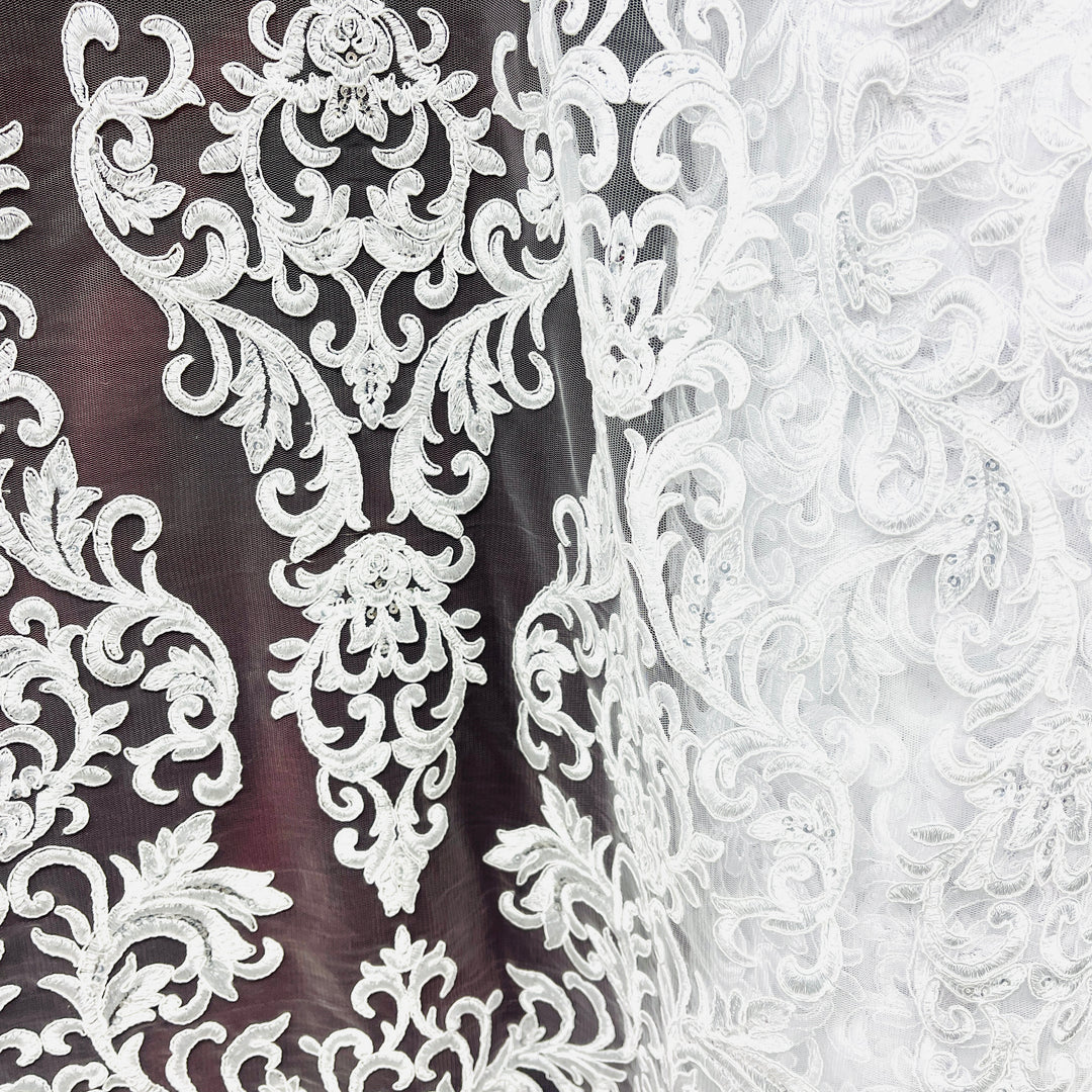 Beaded & Corded Lace Fabric Embroidered on 100% Polyester Net Mesh | Lace USA - 97069W-SB