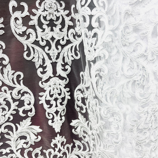 Beaded & Corded Lace Fabric Embroidered on 100% Polyester Net Mesh | Lace USA - 97069W-SB