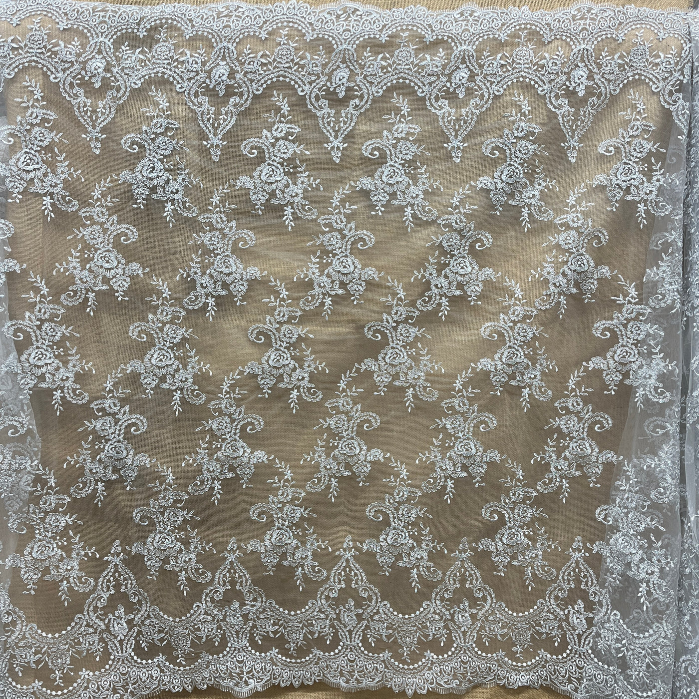 Corded Bridal Lace Fabric Embroidered on 100% Polyester Net Mesh | Lace USA -96806W