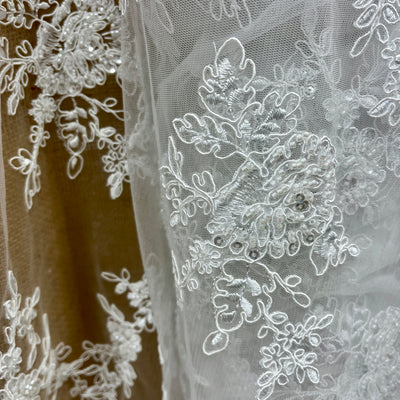 Beaded & Corded Bridal Lace Fabric Embroidered on 100% Polyester Net Mesh | Lace USA - 96788W-HB