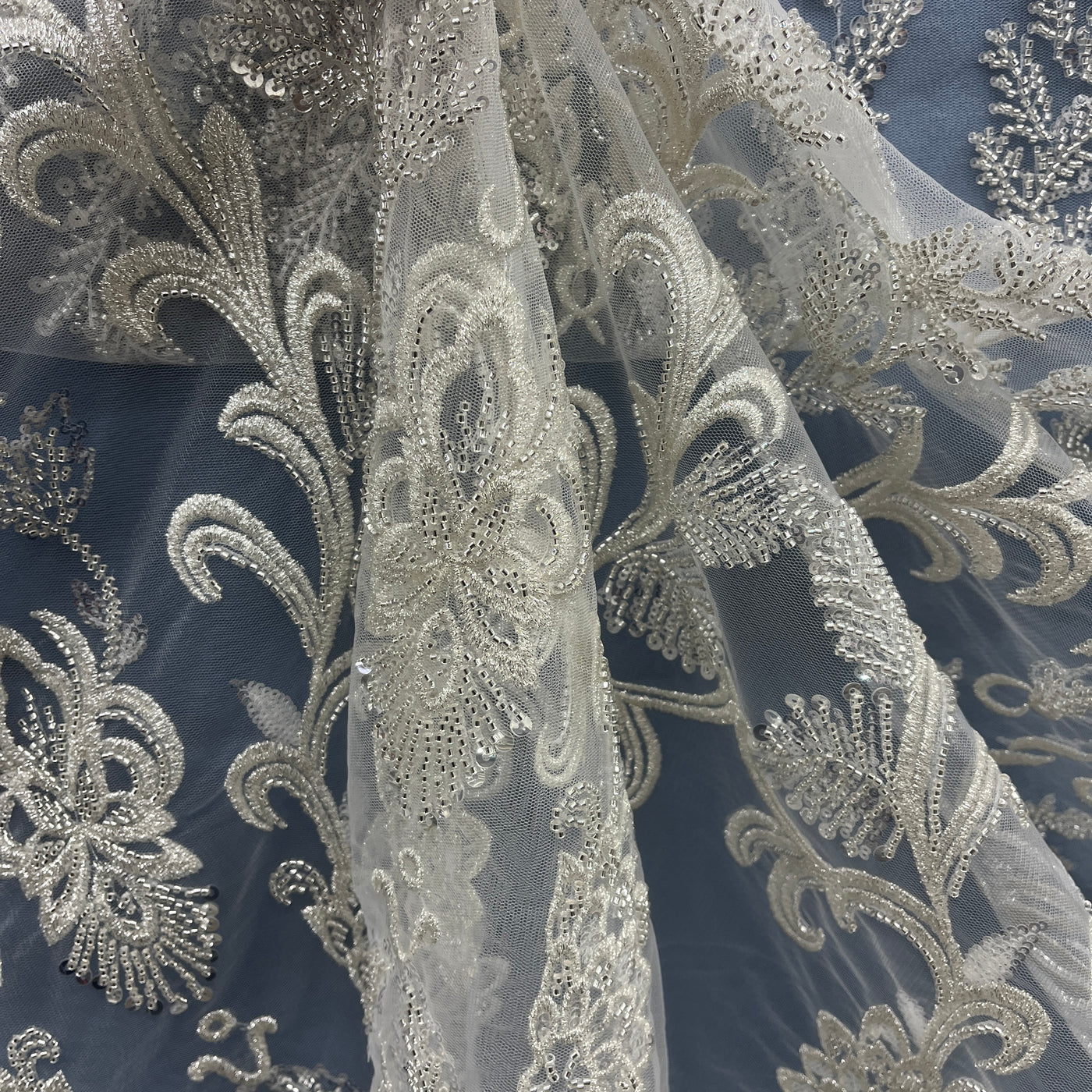 Beaded Lace Fabric Embroidered on 100% Polyester Net Mesh | Lace USA - GD-237303