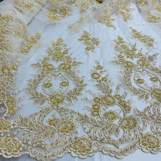 Beaded & Corded Bridal Lace Fabric Embroidered on 100% Polyester Net Mesh | Lace USA - GD-55619