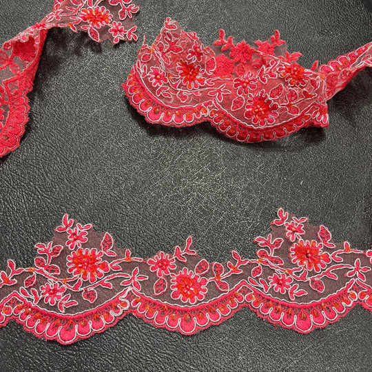 Beaded & Corded Floral Lace Trimming Embroidered on 100% Polyester Net Mesh | Lace USA - 96215W-BP