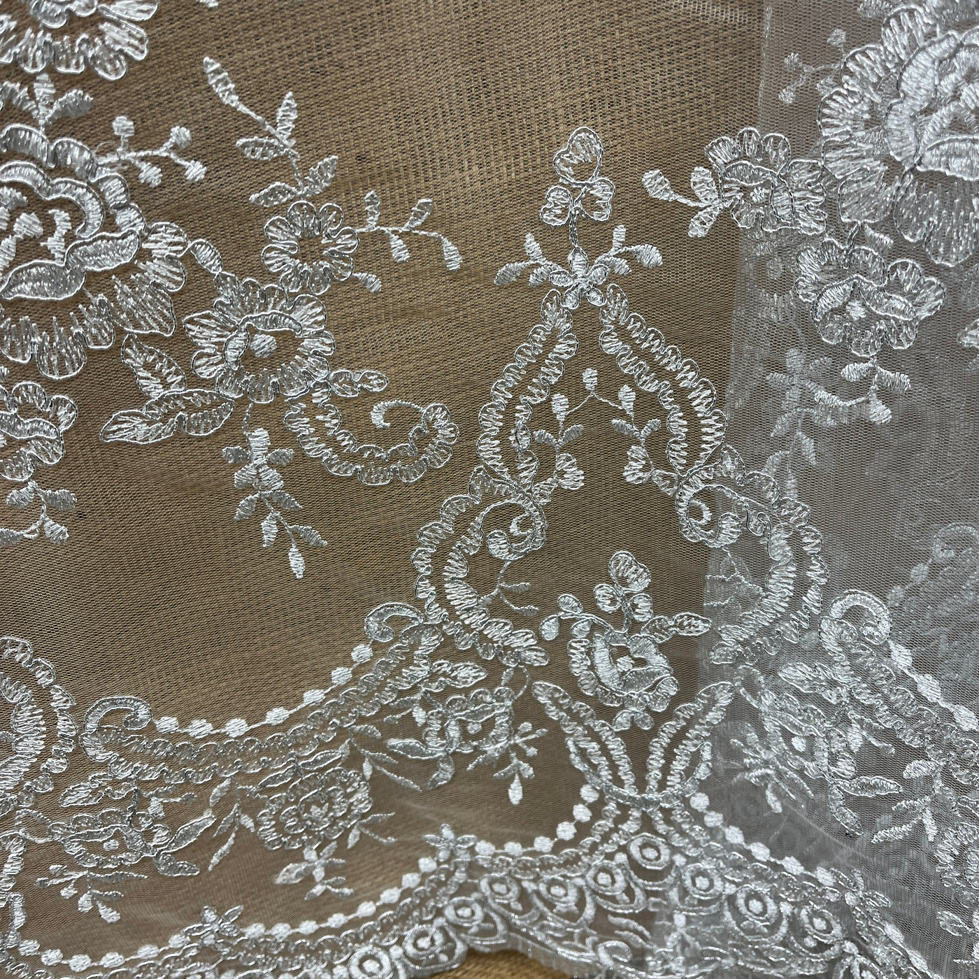 Corded Bridal Lace Fabric Embroidered on 100% Polyester Net Mesh | Lace USA -96806W