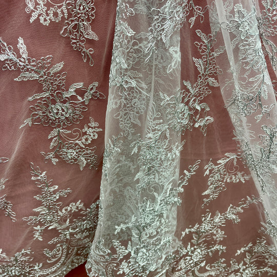 Corded Bridal Lace Fabric Embroidered on 100% Polyester Net Mesh | Lace USA - 96979W