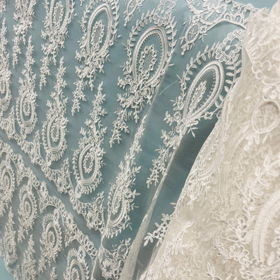 Corded Bridal Lace Fabric Embroidered on 100% Polyester Net Mesh | Lace USA - 97055W