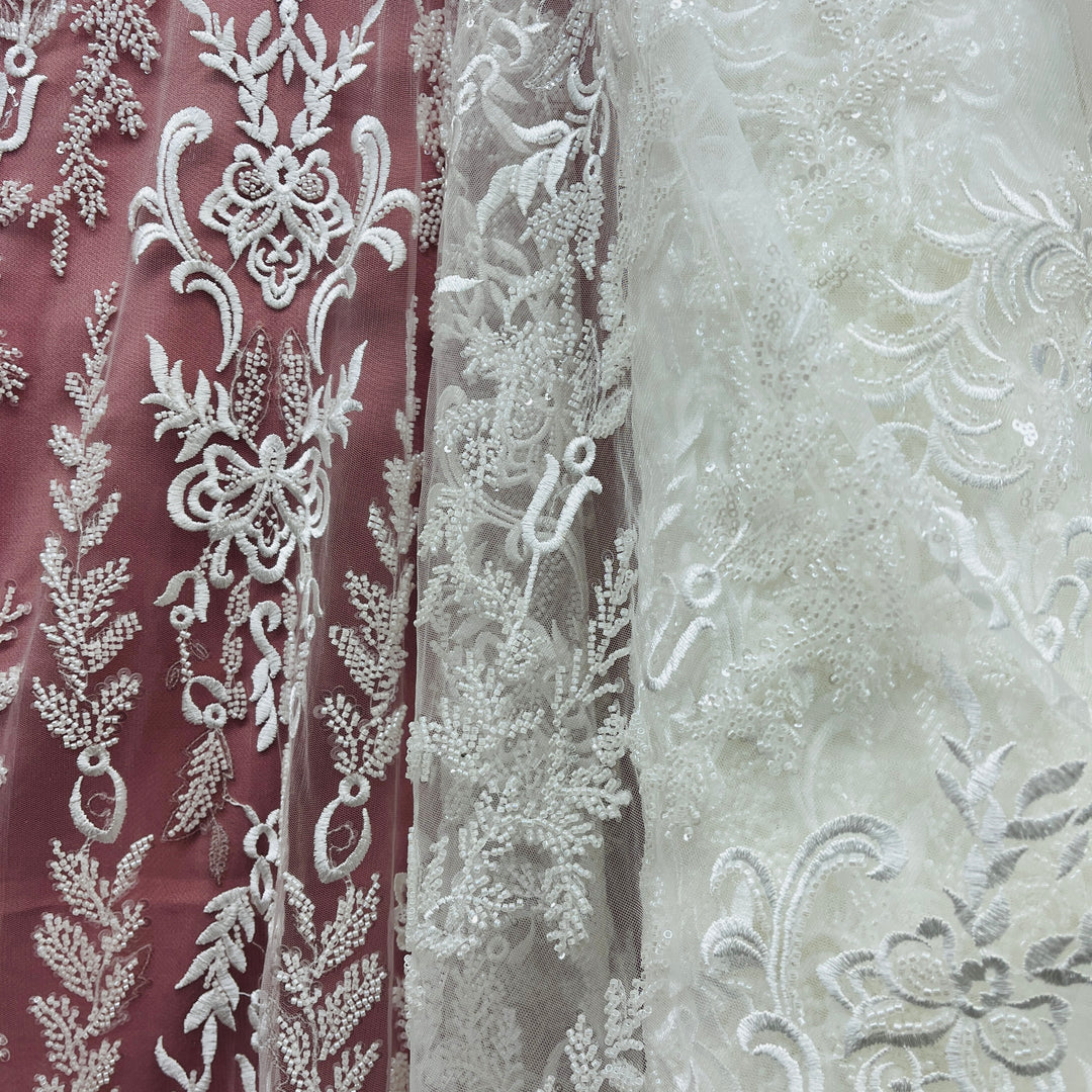 Beaded Lace Fabric Embroidered on 100% Polyester Net Mesh | Lace USA - GD-237303