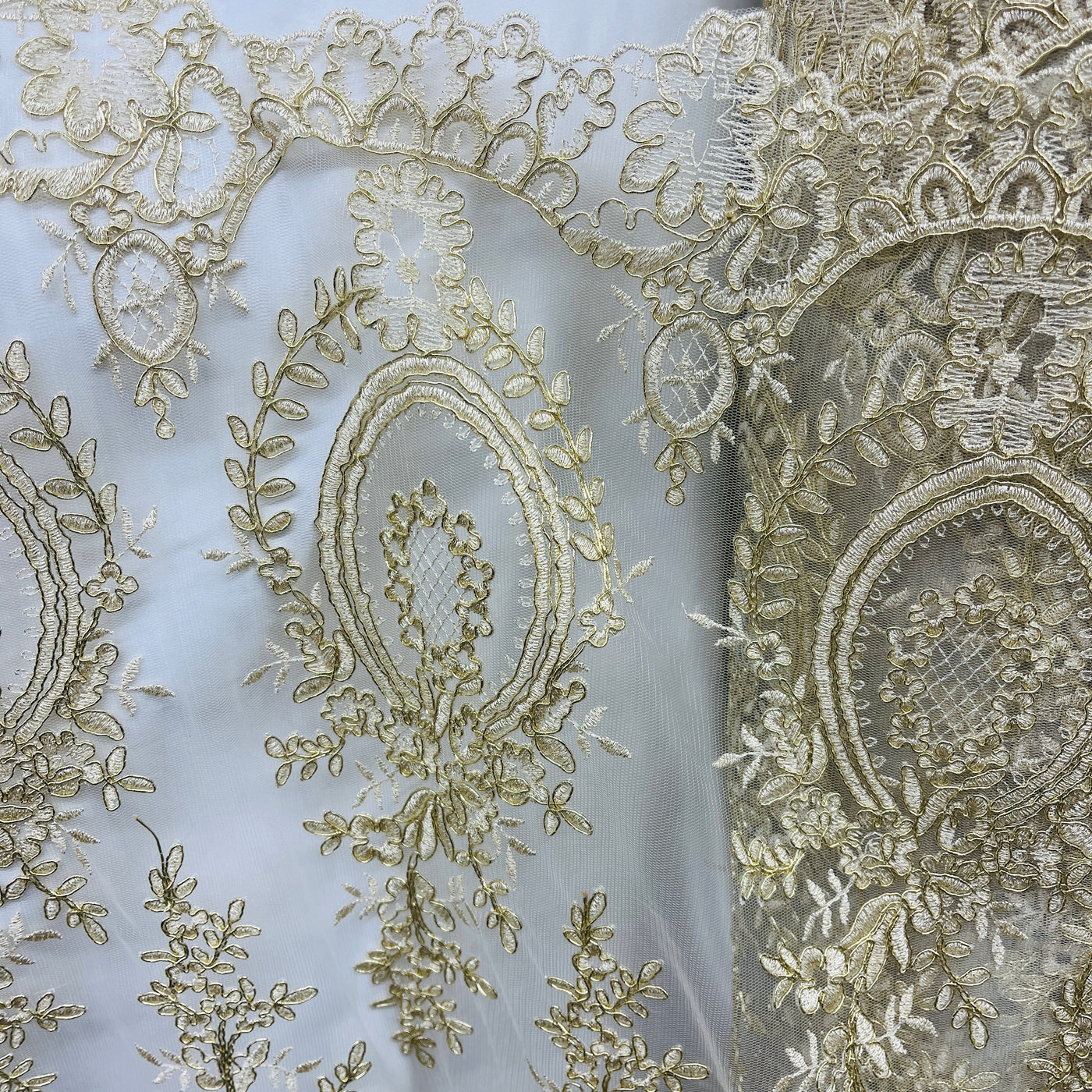 Corded Bridal Lace Fabric Embroidered on 100% Polyester Net Mesh | Lace USA - 97055W