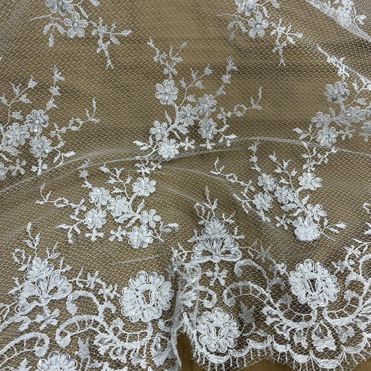 Beaded Lace Fabric Embroidered on 100% Polyester Net Mesh | Lace USA - 96731W-BP White