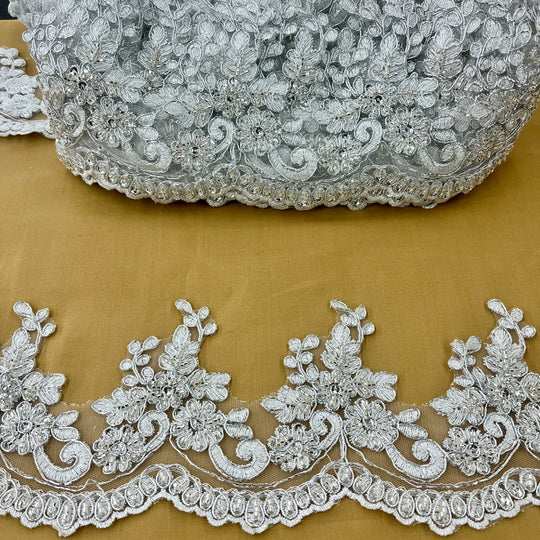 Beaded & Corded Lace Trimming Embroidered on 100% Polyester Net Mesh | Lace USA - 96988W-BP