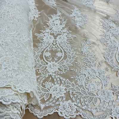 Beaded & Corded Bridal Lace Fabric Embroidered on 100% Polyester Net Mesh | Lace USA - GD-55619