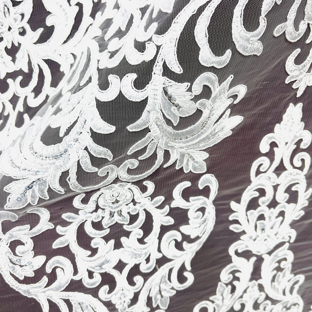 Beaded & Corded Lace Fabric Embroidered on 100% Polyester Net Mesh | Lace USA - 97069W-SB