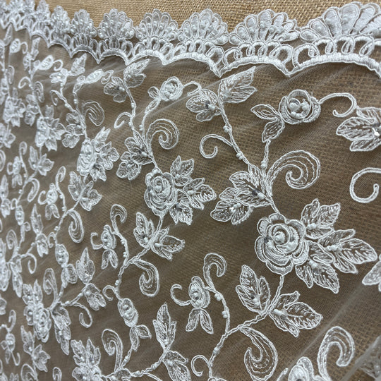 Beaded & Corded Bridal Lace Fabric Embroidered on 100% Polyester Net Mesh | Lace USA - 95042W-BP