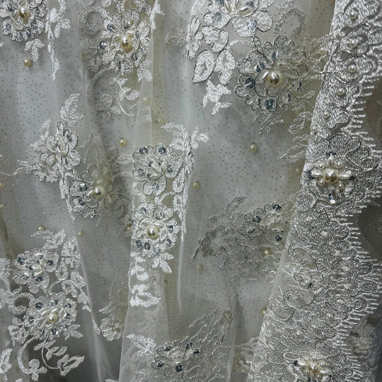 Beaded Lace Fabric Embroidered on 100% Polyester Net Mesh | Lace USA - 96682W-BP Ivory with Silver