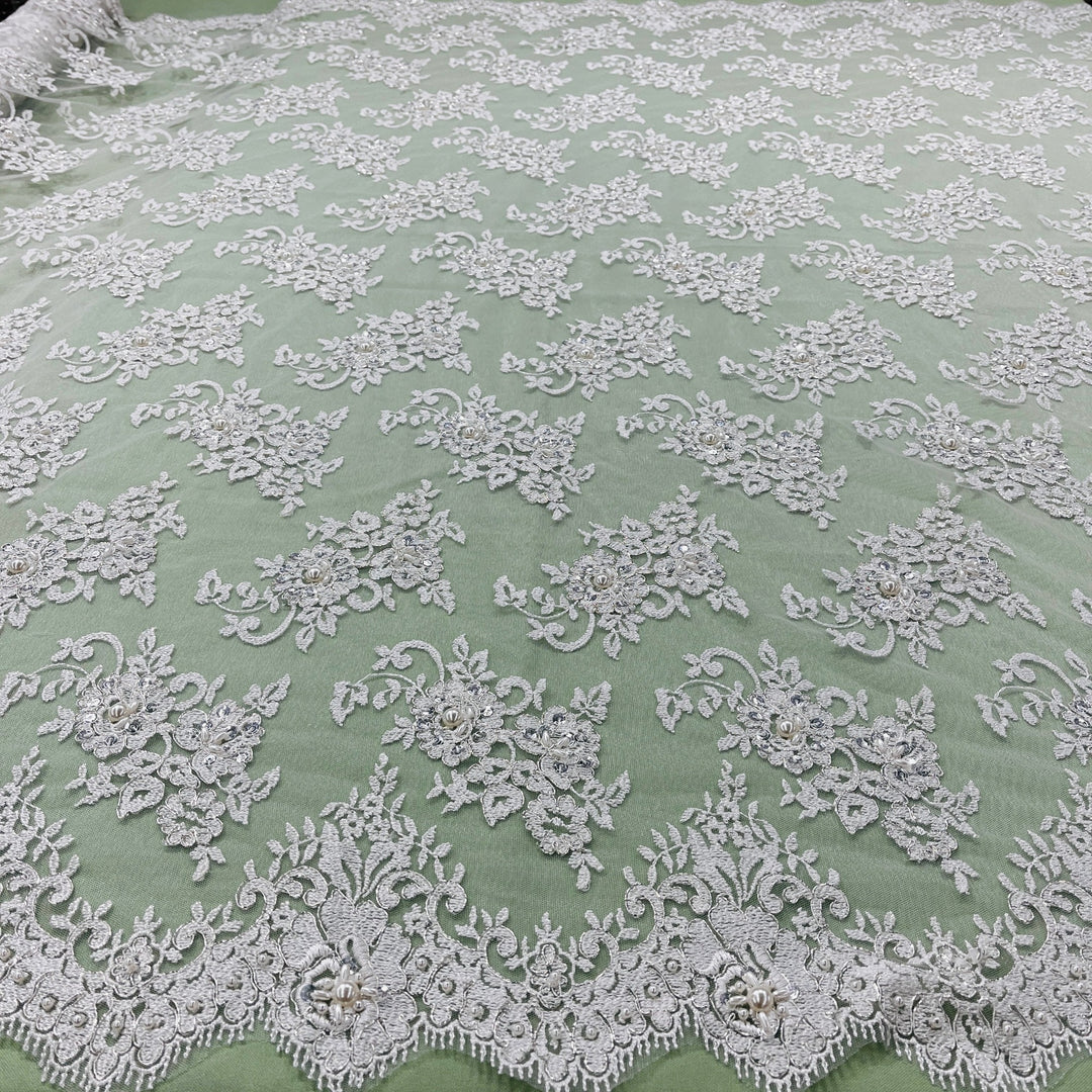 Beaded Lace Fabric Embroidered on 100% Polyester Net Mesh | Lace USA - 96682W-BP Ivory with Silver