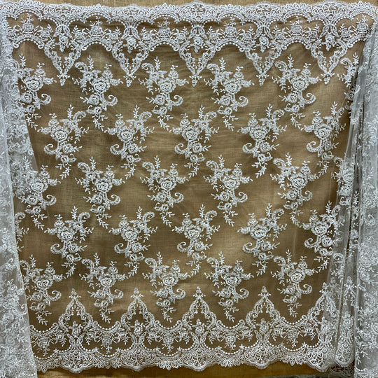 Beaded & Corded Bridal Lace Fabric Embroidered on 100% Polyester Net Mesh | Lace USA - 96806W-BPB