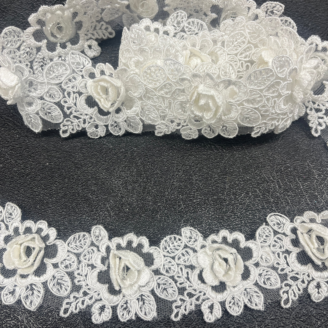 3D Floral Lace Trimming Embroidered on 100% Polyester Net Mesh | Lace USA - 97021W